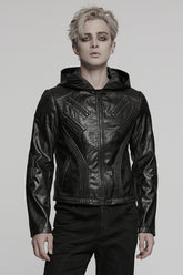 Black Long Sleeves Ruched Faux Leather Stitching Hooded Detachable Men's Punk Coat